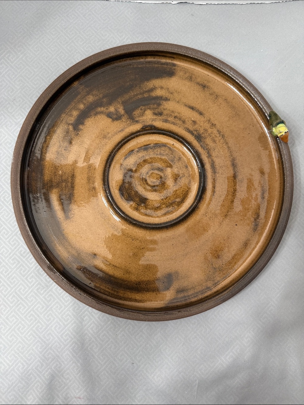 Large Studio Art Pottery Plate Hand Painted Bird on Rim Brown Glaze Signed 12”